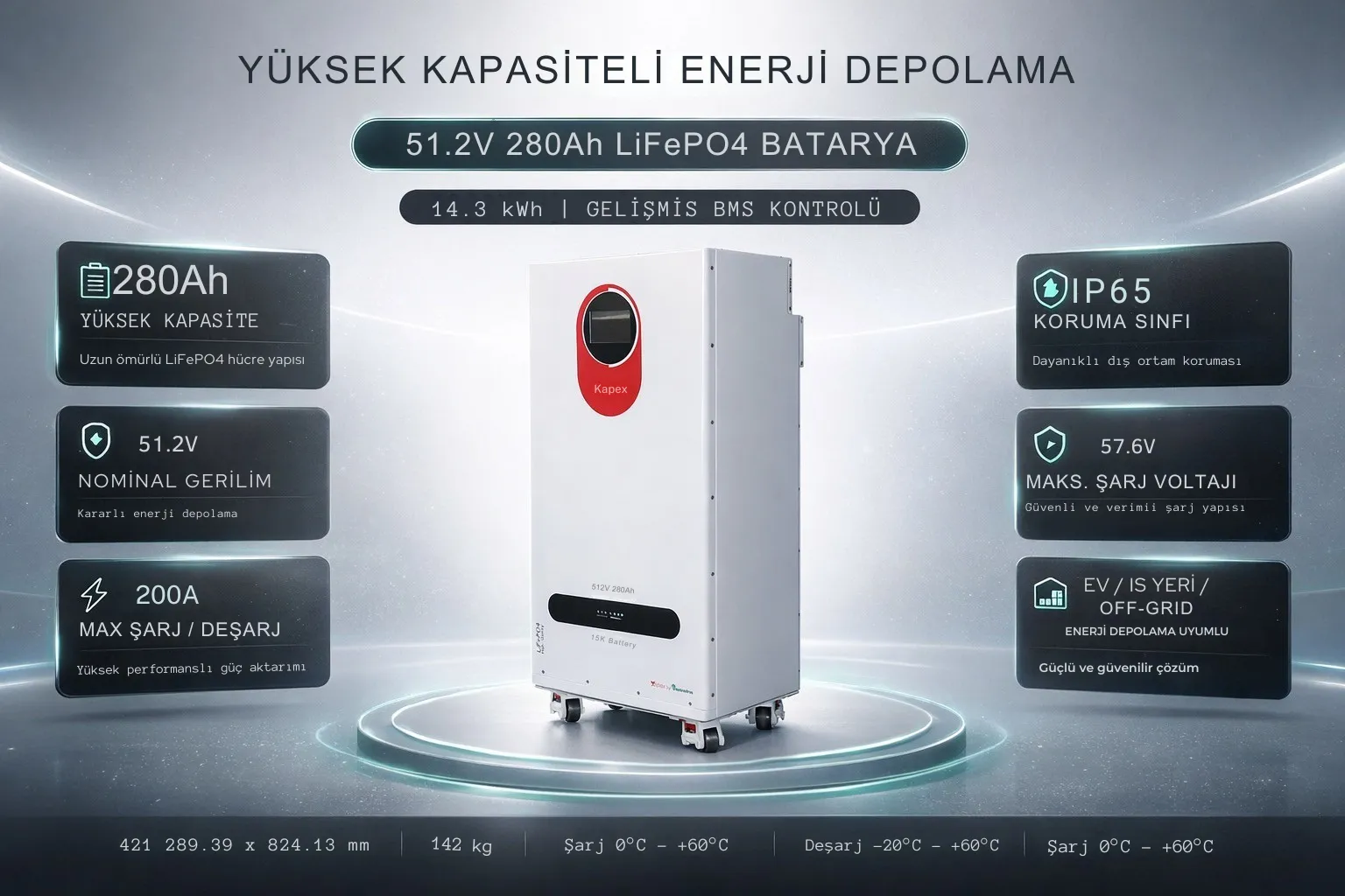 280Ah Kapasite ile 14.33kWh Güçlü Depolama